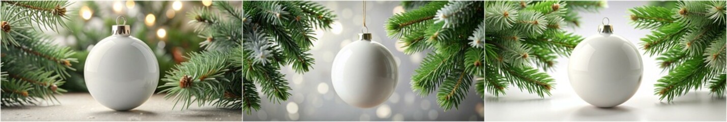 Obraz premium Three Christmas ornaments hanging from a tree branch. The ornaments are white and are placed in the middle of the tree