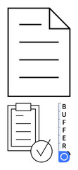 Sheet of paper with lines, clipboard checklist with checkmark, and buffer scale indicator. Ideal for productivity, process management, workflow planning, organization, task tracking, efficiency