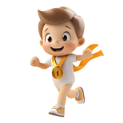 3D Cartoon Athlete Crossing the Finish Line with Medal Isolated on Transparent Background