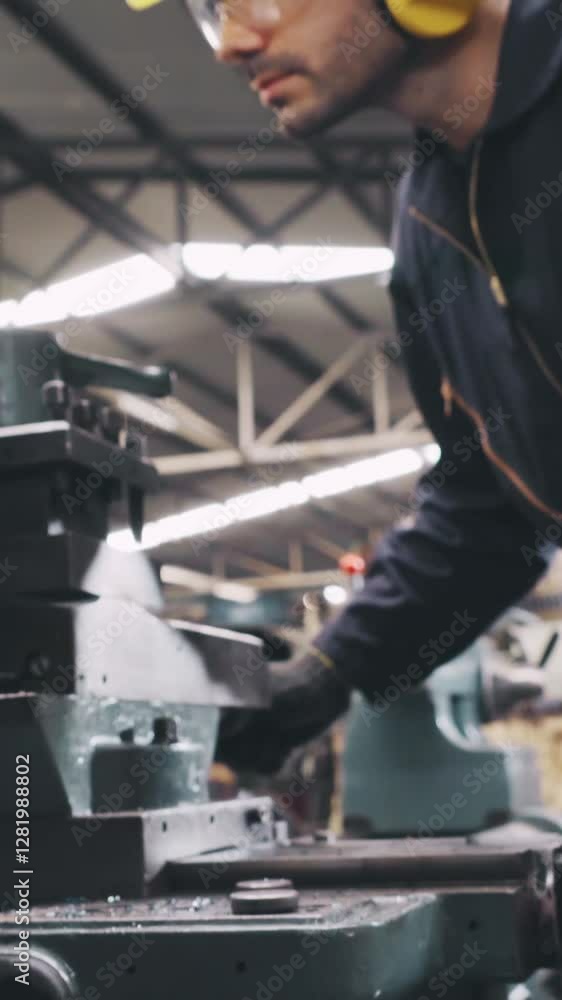 Poster smart factory worker using machine in factory workshop . industry and engineering concept.