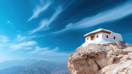An artistic portrayal of a stunning white monastery perched on the edge of a rocky mountain, beautifully contrasting against a bright blue sky and majestic peaks.