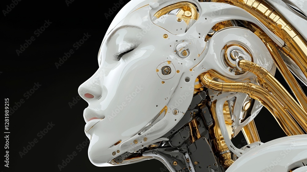 Poster the image features a robotic female figure, created as a 3d stock rendering with a science fiction t