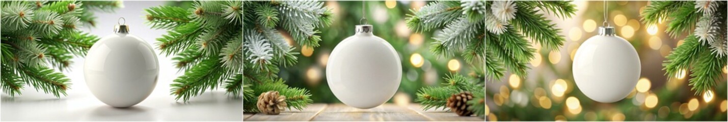 Three Christmas ornaments hanging from a tree branch. The first ornament is a white egg, the second is a white ball, and the third is a white star. The scene is set in a forest