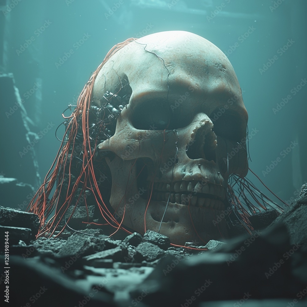 Poster the oracle comes to life in a 3d science fiction illustration featuring a frightening robotic skull 