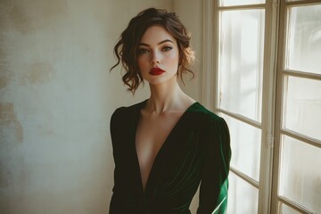 Fototapeta premium Elegant woman in a dark green velvet dress, posing near a window. Classic beauty and vintage style.