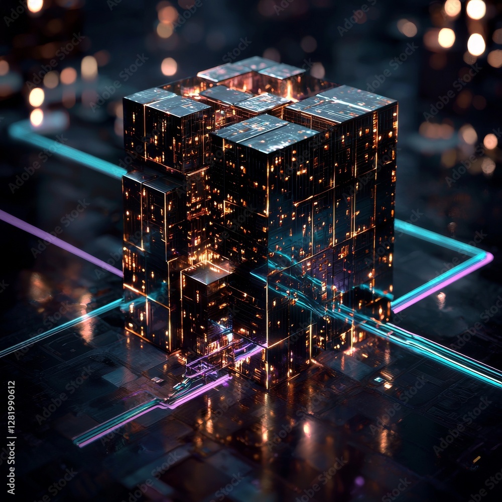 Poster a futuristic computing technology scene features a 3d render with neon abstract background, geometri