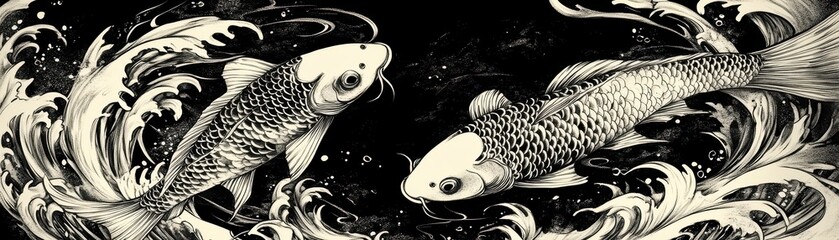 Fototapeta premium Faintly inked koi fish gliding through swirling Japanese waves, symbolizing flow and perseverance