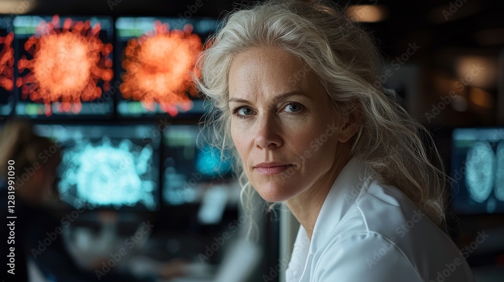 Poster in an office equipped with numerous screens showing 3d visualizations, a female computer engineer an