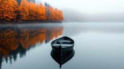 This captivating image captures the essence of autumn with a misty lake and a black boat, reflecting muted colors of nature, evoking feelings of solitude and tranquility.
