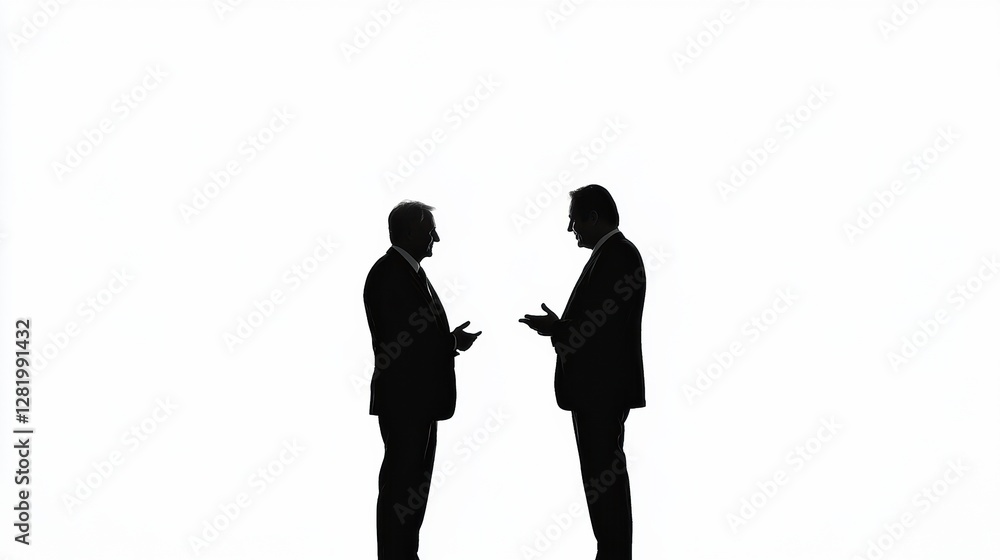 Poster silhouettes of two executives engaged in discussion against a minimalist white background during a b