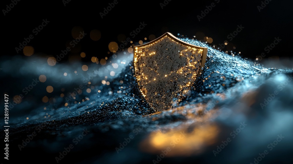 Poster A 3D illustration of a Security Shield concept showcases data protection through a shield with interconnected dots and lines set against a blue background