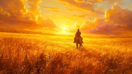Traveler on horseback riding across glowing golden fields at sunset, peaceful and adventurous, vibrant and serene