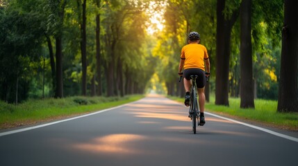 Fototapeta premium A cyclist enjoys a peaceful ride through a sunlit tree-lined path.