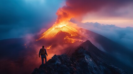 Traveler reaching the summit of a glowing volcano at dawn, powerful and breathtaking, dynamic and serene