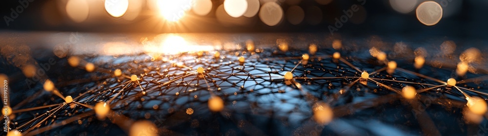 Poster glowing lines and dots form a digital plexus in this 3d rendering, which represents a network or con