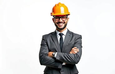 Smiling male engineer in formal attire with arms folded, wearing orange construction helmet isolated on white background. Portrait of happy professional builder, architect, foreman, constructor on