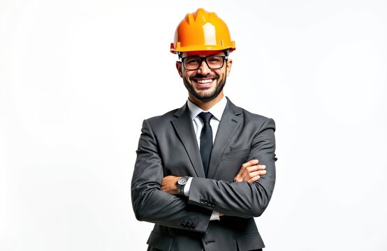 Smiling male engineer in formal attire with arms folded, wearing orange construction helmet isolated on white background. Portrait of happy professional builder, architect, foreman, constructor on