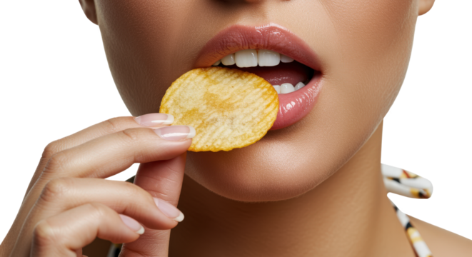 Woman enjoys a crispy snack while holding a golden chip close to her lips in a bright setting on a transparent background