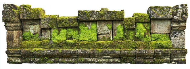 Ancient mossy stone wall section isolated on white background.