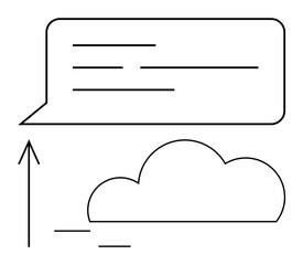 Speech bubble with horizontal lines and cloud shape below an upward arrow symbolizing data upload. Ideal for cloud storage, data transfer, communication, internet services, IT solutions, digital