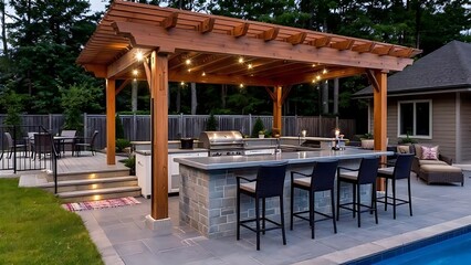 A wooden pergola with a bar counter and grill on a poolside patio, illuminated by string lights.