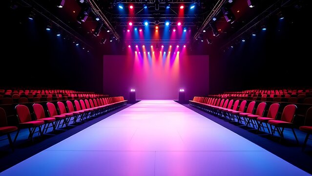 An empty fashion show runway lit by spotlights, surrounded by rows of red chairs in a dark hall.