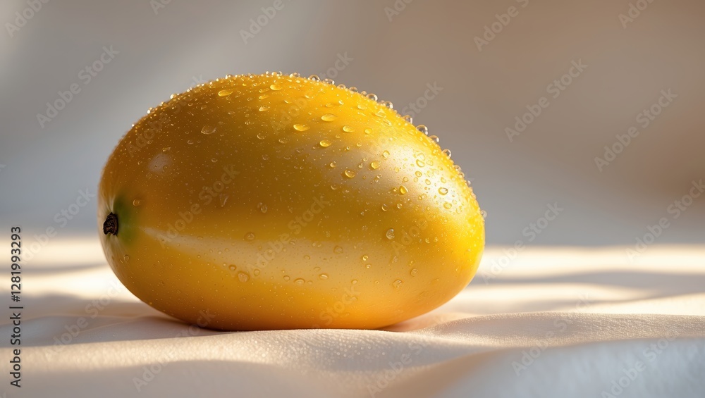 Poster bright yellow mango with droplets resting on a smooth surface in soft natural light during the after