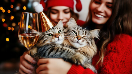 Two female friends celebrate New Year hugging two cute cats in party hats. Festive toast against the backdrop of shining garlands and sparklers