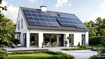 Fototapeta premium A modern house with solar panels on the roof, situated in a green garden.