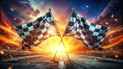 AI-generated racing flags, start-finish blend, double exposure.