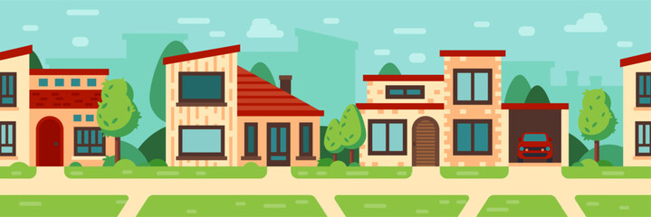 Cozy suburban neighborhood with colorful residential houses, green trees, and a red car parked in a garage, representing community living and the comforts of home