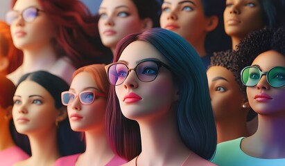 Diverse Stylized Figures with Unique Hairstyles Against a Vibrant Background