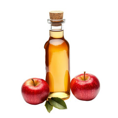 Bottle of apple cider vinegar with fresh red apples and green leaves on a transparent background, Bottle of apple cider vinegar with fresh red apples