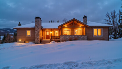Warm glow of minimalist house in snowy landscape, cozy tranquility