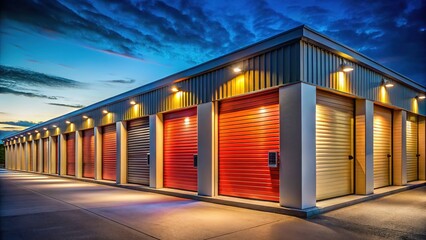 Contemporary storage units, night view.  Exterior shot.  Sleek design.