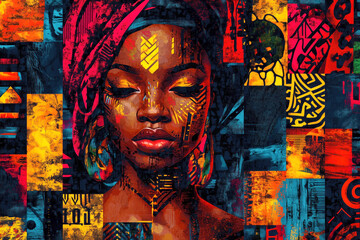Black woman face on futuristic and traditional African painting style background