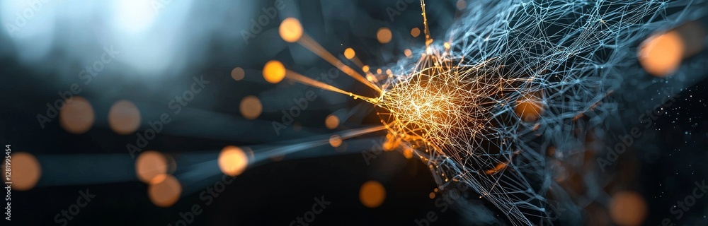 Poster A large flow of data forms the basis of an information technology background, characterized by a dynamic wave consisting of lines and points in a 3D setting