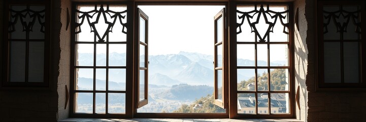 Distant Mountains Through Castle Window