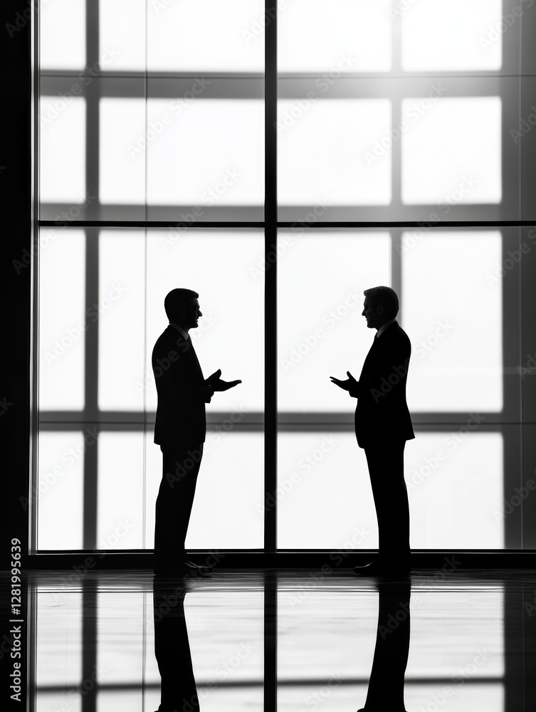 Leinwandbilder silhouettes of two executives engaged in conversation in a modern office with large windows at midda