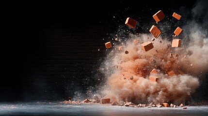Fototapeta premium An attention-grabbing image capturing the moment of explosion with bricks disintegrating in mid-air, symbolizing destruction and the force of nature at play.