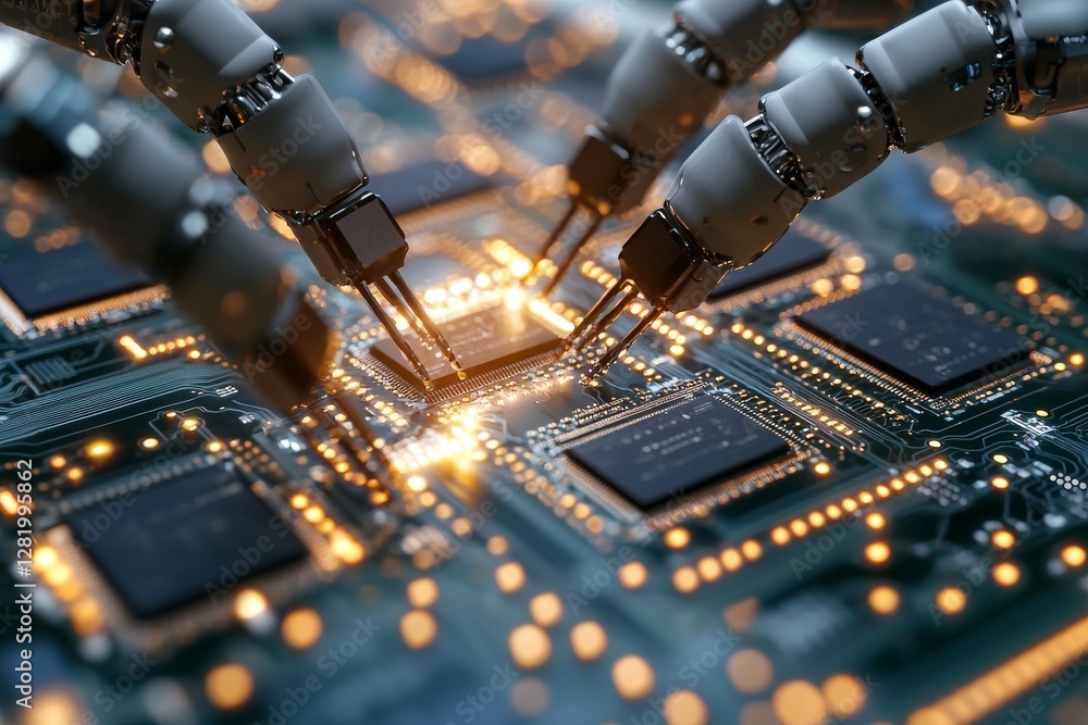 Poster a 3d rendering shows robotic arms handling silicon wafers in semiconductor manufacturing