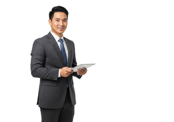 A Chinese confident man in a tailored suit is holding a tablet and smiling. His professional demeanor suggests he is ready for a business meeting or presentation, isolated on transparent background