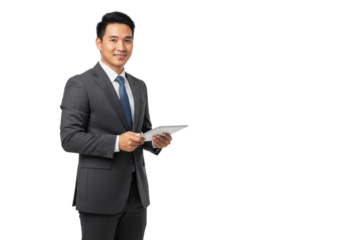 A Chinese confident man in a tailored suit is holding a tablet and smiling. His professional demeanor suggests he is ready for a business meeting or presentation, isolated on transparent background