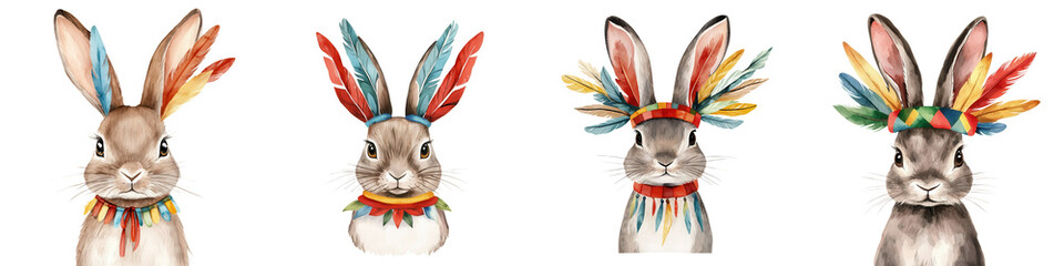 Colorful rabbits with feather headdresses, perfect for festive designs, isolated on transparent background.