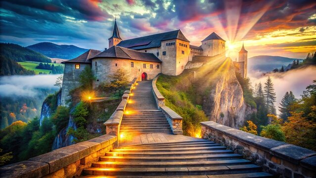 Fantasy double exposure: Orava Castle stairs, ethereal.