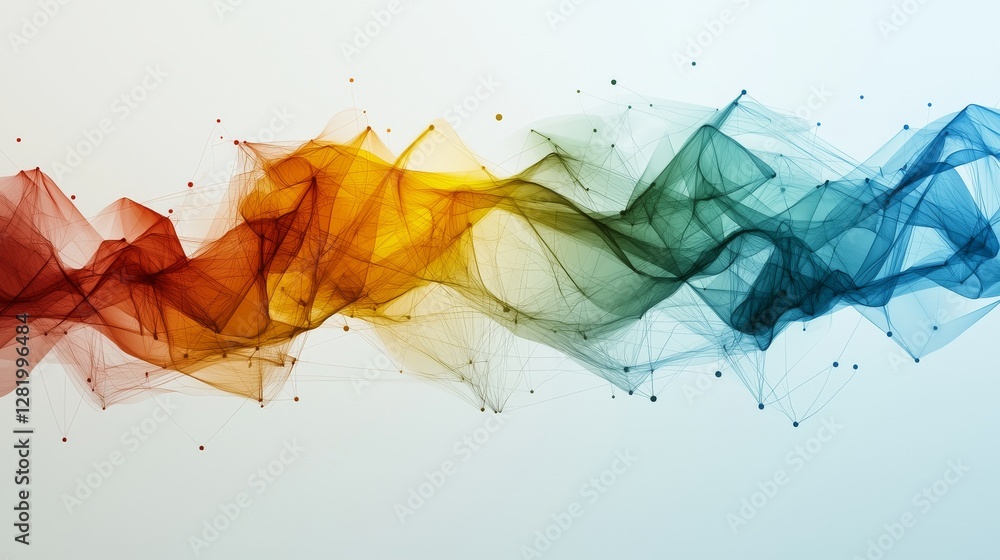 Poster an abstract illustration of digits connected by lines and dots, featuring a wave flow, represents di