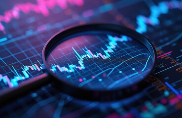 Magnifier glass over financial data chart illuminated by blue, pink neon light. Analyzing stock market with diagrams, search engine optimization SEO, data analytics, currency exchange, investment