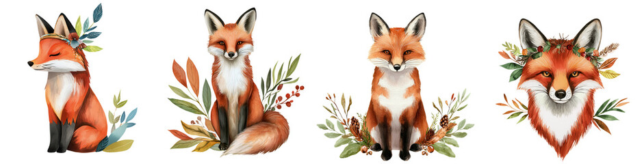 Obraz premium Whimsical foxes with woodland decor in vibrant colors and floral accents, isolated on transparent background.