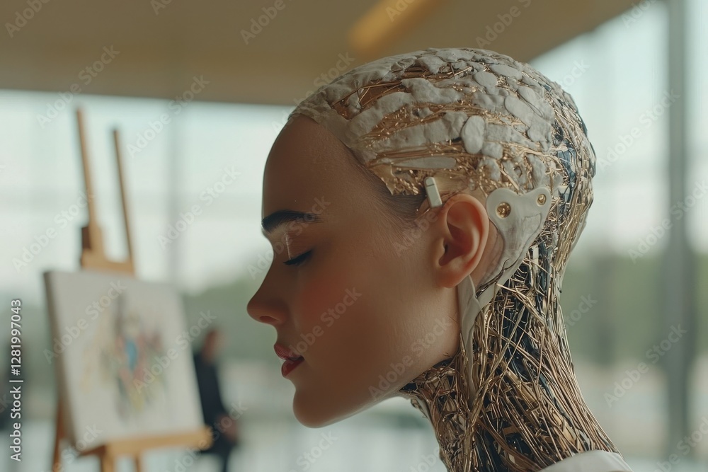 Poster a humanoid robot artist is creating a portrait on canvas in a studio, symbolizing the fusion of scie