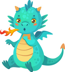 Cartoon turquoise dragon breathing fire with a surprised expression, sitting and looking amazed, fantasy character for children book illustrations